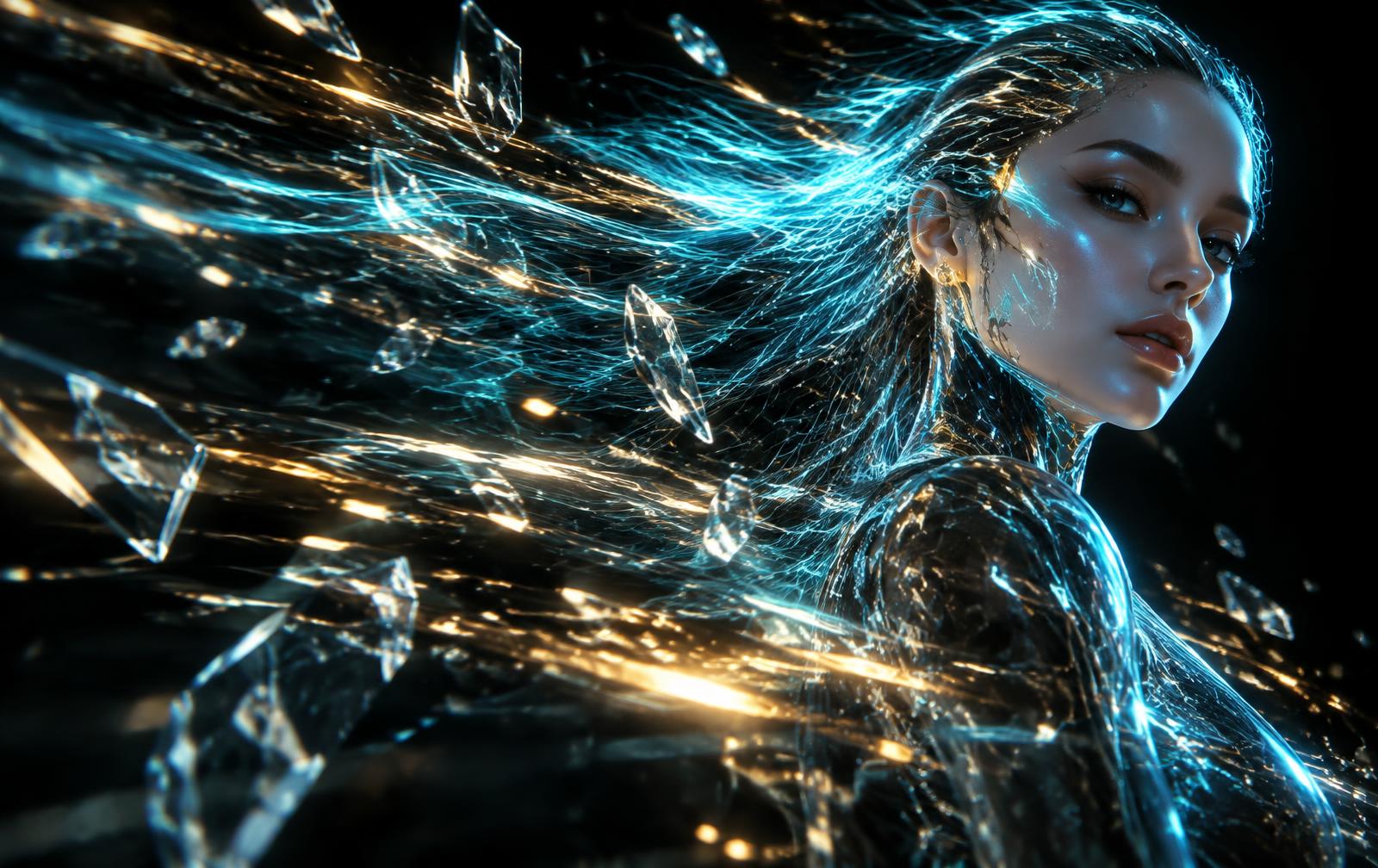 ARIA, the Flash Woman, formed from cyan light and electric-gold energy